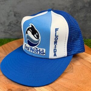 Vintage SeaWorld Orlando Shamu Orca Trucker Hat Blue Snapback Sportcap Cap Mens